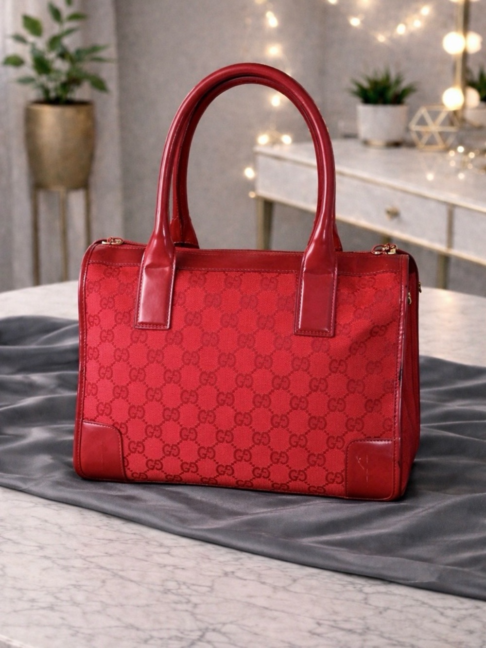 Gucci Red Monogram Canvas Tote Vintage